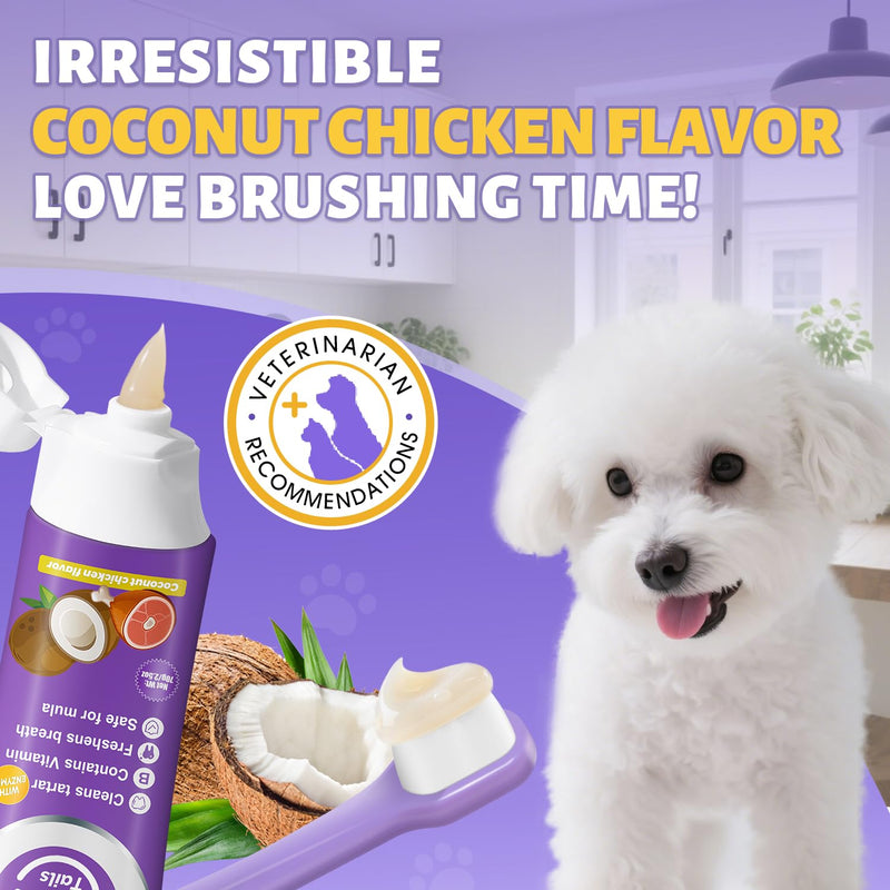 Vet Recommended Small Dog Teeth Brushing Kit - Soft Brush and Finger Brush removes 99% of Plaque, Natural Coconut Chicken-Flavored Toothpaste 2.5 oz. for Fresh Breath 2.5oz-Coconut Chicken
