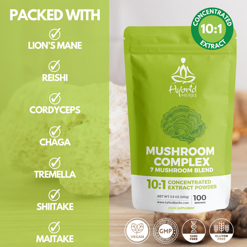 Mushroom Complex Powder 100g - 7 Organic Mushroom Supplement 10:1 Extract | Lion's Mane, Reishi, Cordyceps, Chaga, Tremella, Shiitake, Maitake | Brain, Energy & Immunity | 100 Servings MUSHROOM COMPLEX