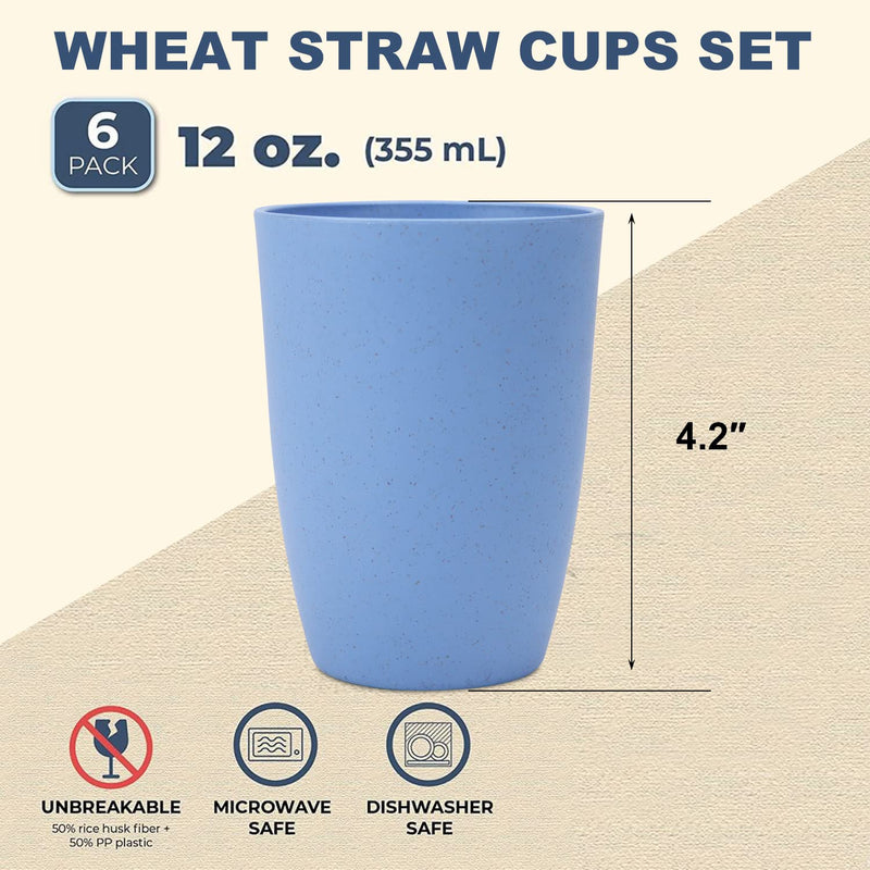 [Australia] - Wheat Straw Cups 6 PCS Good Alternative to Plastic Reusable Cups 12 oz Unbreakable Drinking Cup Reusable Dishwasher Safe Water Plastic Glasses with 6 Colors 12 Ounces Orange,Light Blue,Yellow,Beige,Green,Navy Blue 