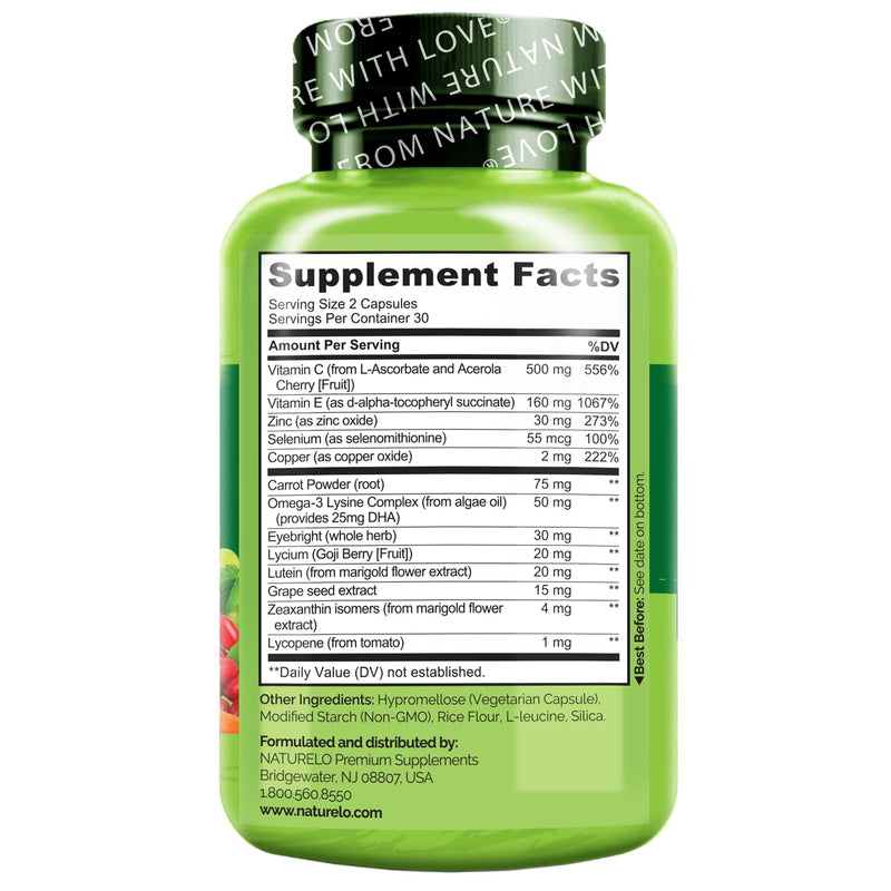 [Australia] - NATURELO Eye Vitamins - AREDS 2 Formula Nutrients with Lutein, Zeaxanthin, Vitamin C, E, Zinc, Plus DHA - Supplement for Dry Eyes, Healthy Vision, Eye Support - 60 Vegan Capsules Unflavored 60 Count (Pack of 1) 