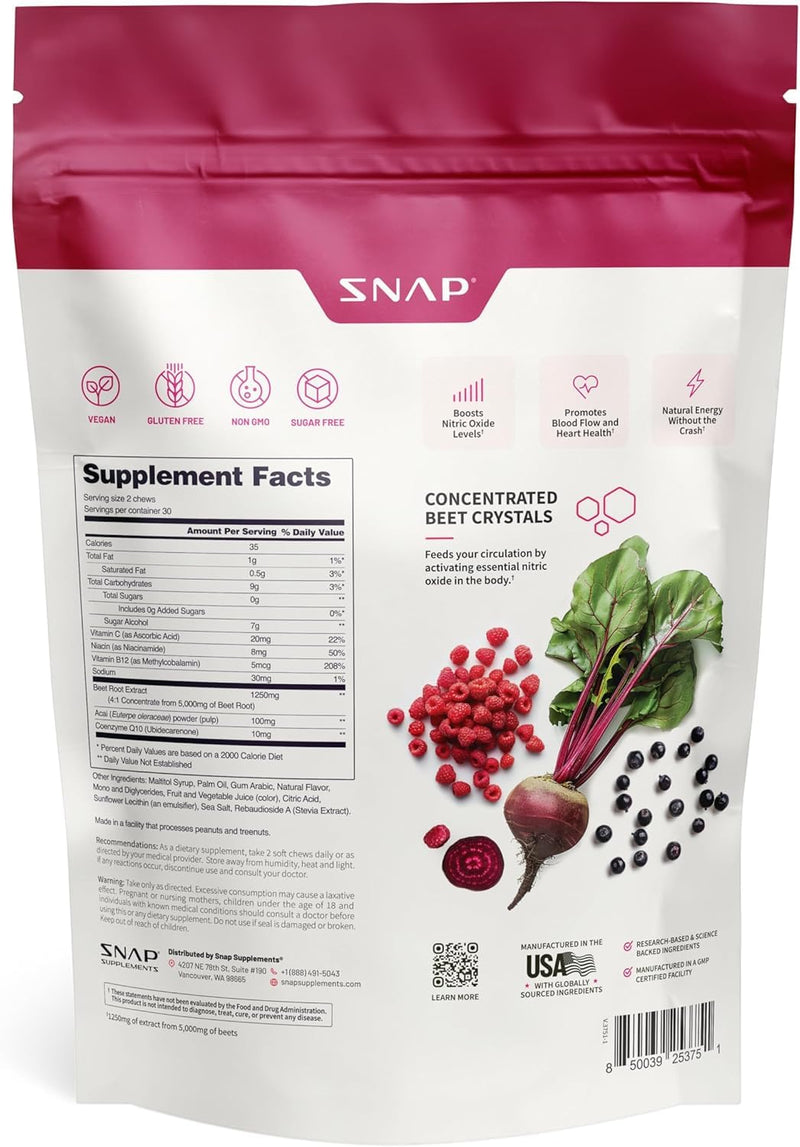 Snap Supplements Beet Root Natural Nitric Oxide Supplements for Men & Women, with Beet Root Extract for Energy, Heart Health & Circulation Support, 60 Soft Chews (1 Month Supply), Mixed Berry