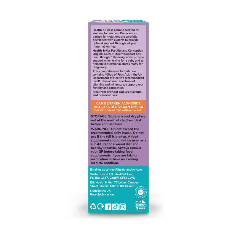 Health & Her Fertility & Conception Original - prenatal Vitamins for Women- Contains Folic Acid, Vitamin D, B12, Zinc and Magnesium - 1 Month Supply - 60 Capsules - Vegan & Gluten Free 60 count (Pack of 1)