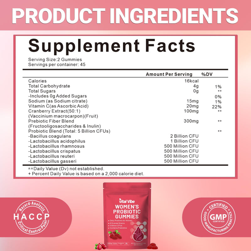 Vaginal Prebiotics and Postbiotics Gummies with 5 Billion CFU - for Gut Health, Immune System & Digestion - Feminine Balance Gummies for Women & Men - Cranberry Flavour, Sugar-Free, 90 Counts