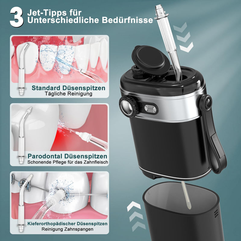 [Australia] - Travel Oral Irrigator Wireless, Mini Portable Water Flosser, Nimmu Oral Irrigator Small Travel Electric Tooth Cleaner Unlimited Gear Adjustment & 3 Nozzles, Electric Tooth Cleaning, 35 Day Running Time Black 