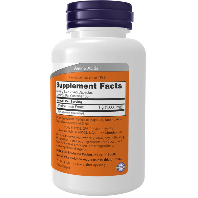 Now Supplements, L-Proline 500 mg, Collagen Production*, Structural Support*, 120 Veg Capsules,(Pack of 2) 120 Count (Pack of 2)