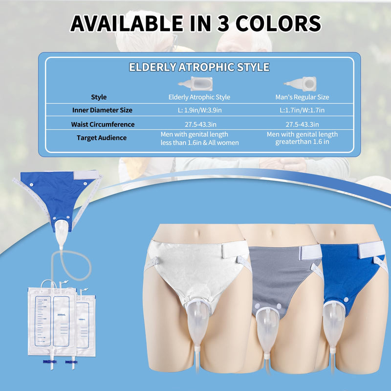 [Australia] - Wearable Urine Collection System with 1000ml & 2000ml Drainage Bags, Reusable Silicone Catheter, Soft Adjustable Cotton Pants for All-Day Comfort, Elderly Men Blue Elderly Male Blue 