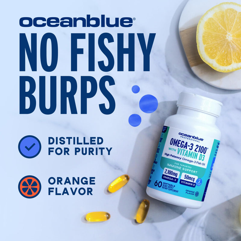 Oceanblue Professional Omega-3 2100 with Vitamin D3 - Triple Strength DPA EPA DHA Omega 3 Supplement - Burpless Wild Caught Fish Oil - Orange Flavor, 120 Count (60 Servings) 120 Count (Pack of 1)