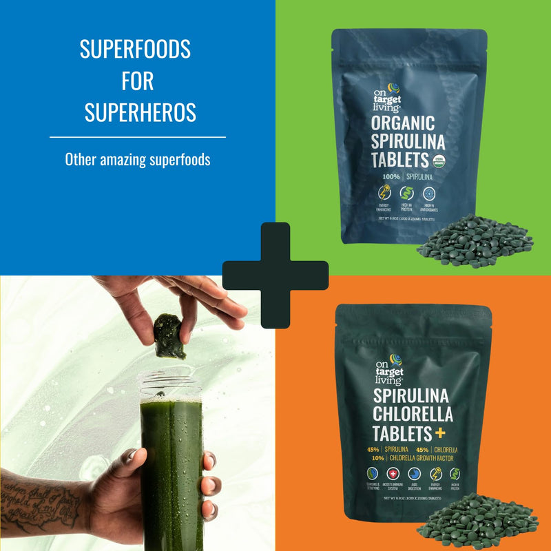 [Australia] - On Target Living Organic Spirulina Chlorella | Supergreens | USDA Organic | 1000 Tablets- 250 G (8.8 oz) | Vegan | Immune Support | Alkalyzing | Nutrient Dense | Protein Dense 