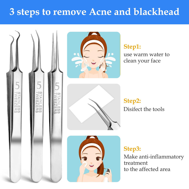 [Australia] - 3 pieces of tweezers for removing blackheads and 1 piece of tweezers for ingrown hairs, precision blackhead pimple extractor for pimples, whitehead tweezers, eyelash tweezers with curved tip 