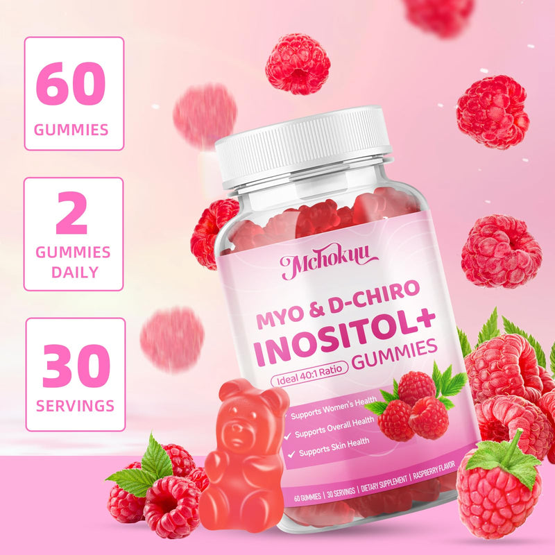 Myo-Inositol & D-Chiro Inositol Gummies, Ideal 40:1 Ratio Supplement for Women with Vitamin D3 & B12 for Support Hormonal Balance & Wellness, Sugar Free, Raspberry, 60 Count 60 Count (Pack of 1)