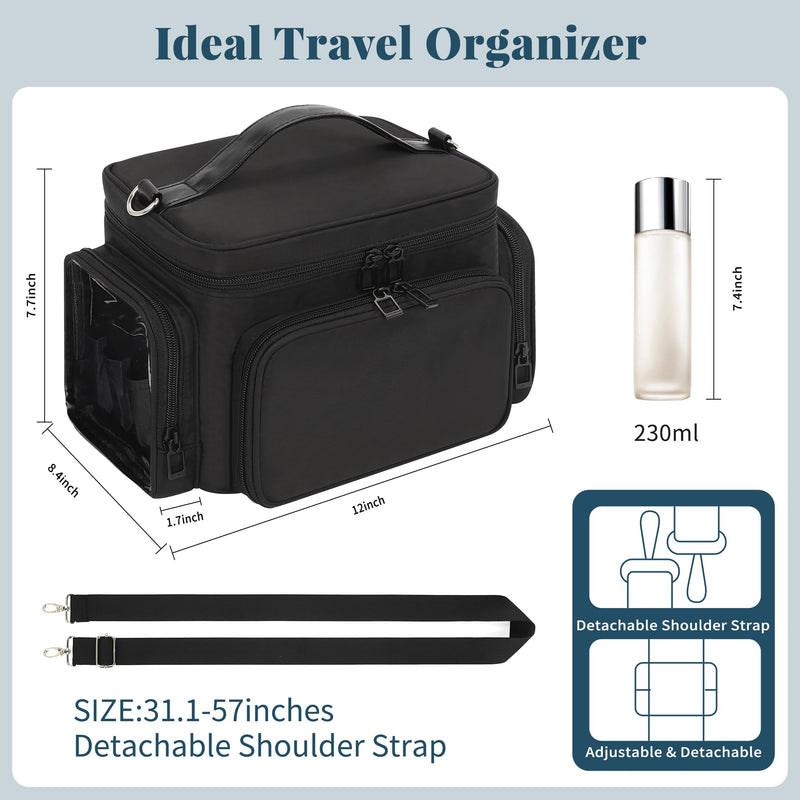 Bagmoly Makeup Bag, Portable Large Travel Makeup Bag Organizer for Women Girls with Makeup Brush Compartment, Cosmetic Travel Bag Vertical Storage Toiletry Bag - Black with Shoulder Strap 03-Black with Shoulder Strap