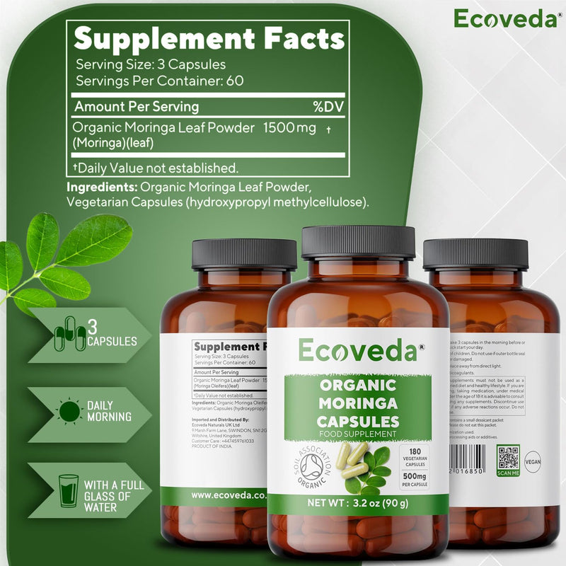 Organic Moringa Capsules, 2 Months Supply, 180 Moringa Powder Organic Capsules, 1500mg High Strength Moringa Supplement and Soil Association Certified, Vegan & Non-GMO (Not Moringa Tablets)
