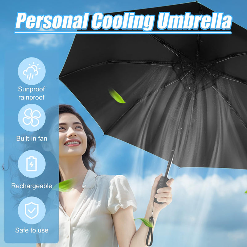 WOOLALA Portable Sun and Rain Umbrella with Personal Cooling Fan, UPF 50+, USB Rechargeable, Folding Compact Travel Umbrella for Hot Summer Pink