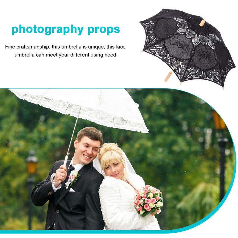 Toyvian Bridal Wedding Lace Parasol: 25.35 Inches White Lace Umbrella Women Vintage Umbrellas Handmade Boho Parasol with Black