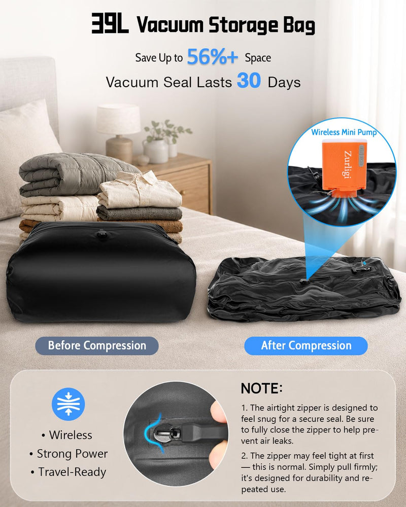 Zurligi Travel Vacuum Bag with Pump, Airtight Zipper and Shoulder Strap | Waterproof Anti-Rip Durable Nylon-TPU Bag with Airtight Heavy-Duty Zipper for Travel, Moving, Gym, Beach, and Home Storage 1-Pack, Black