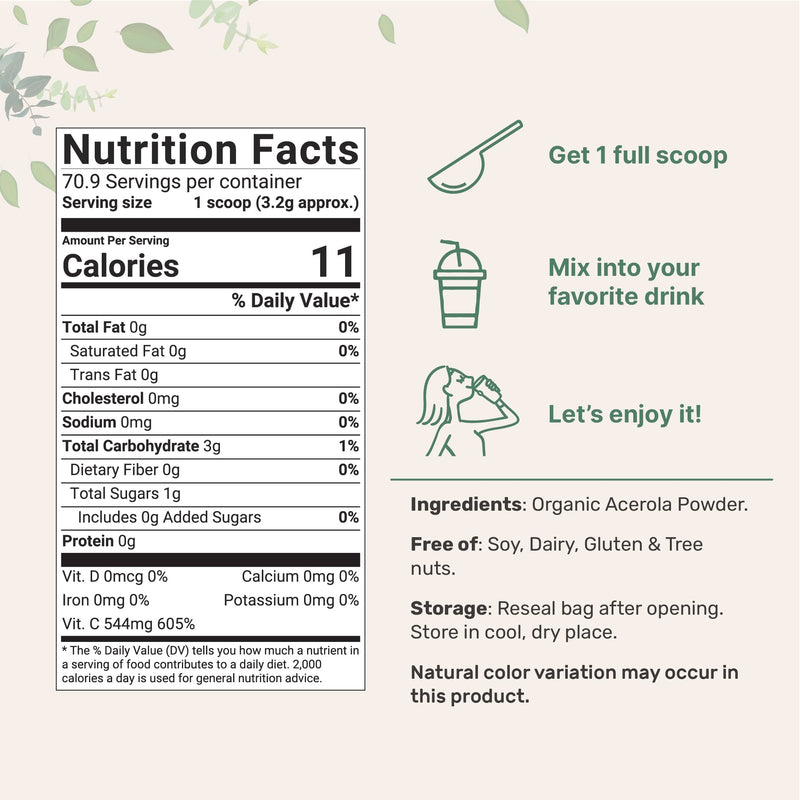 Micro Ingredients 2 Pack of Pure USDA Organic Acerola Cherry Powder, Natural and Vitamin C for Immune System, 8 Ounce, No GMO, No Gluten, Brazil Origin