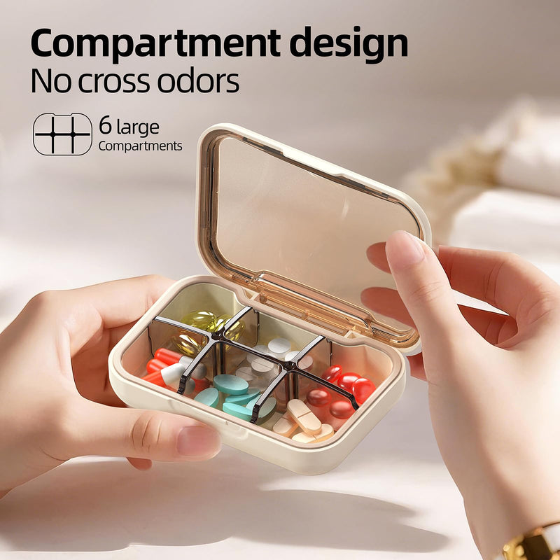 Portable Pill Box, Pill Organizer with 6 Compartments, Daily Medicine Pill Case, Pocket Size Pill Box for Travel, BPA Free Small Pill Container for Vitamins, Fish Oil, Supplements (White) White