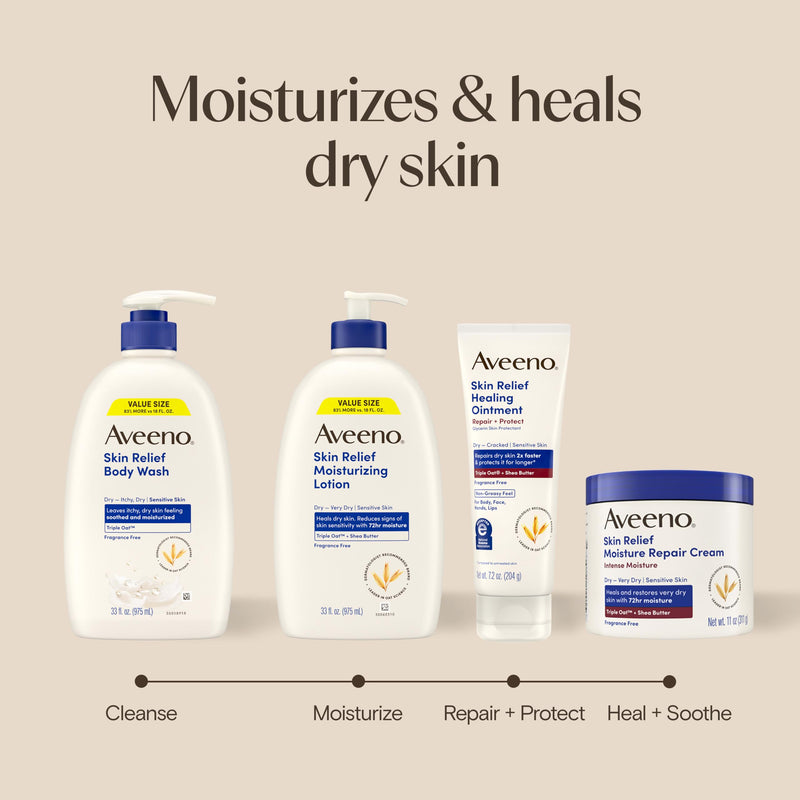 Aveeno Skin Relief Moisturizing Body Lotion Heals Very Dry, Sensitive Skin, Fast-Absorbing Lotion with Soothing Triple Oat & Shea Butter Formula, Fragrance Free Lotion, Non-Comedogenic, 33 Fl Oz 33 Fl Oz (Pack of 1)