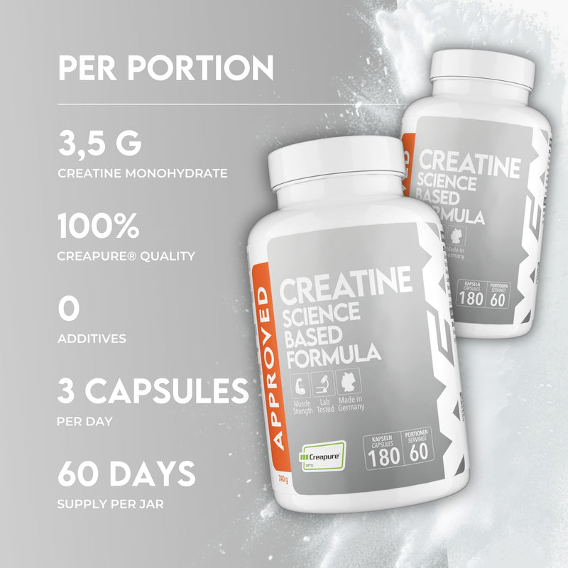 WFN Approved Creatine Creapure Capsules - 180 Giga Capsules (1000mg Creatine per Capsule) - Vegan Supplement - No additives - Produced & Tested in Germany 180 pcs - Capsules