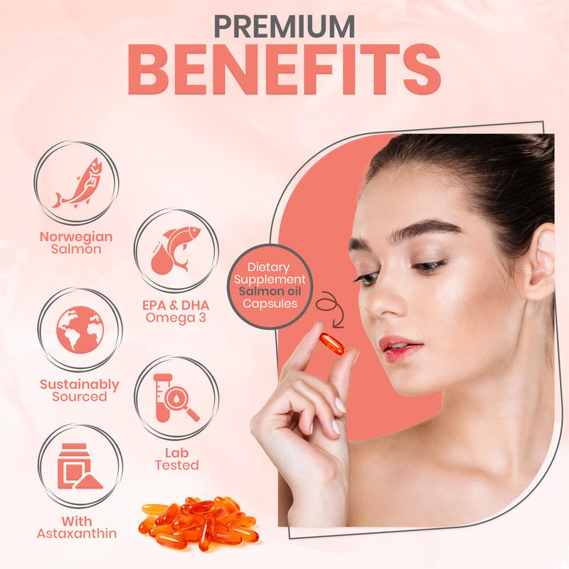 Norwegian Salmon Oil - 1000mg - 4 Months Supply - DHA,DPA,EPA & Astaxanthin - Omega 3 6 9 Capsules High Strength -Burpless Taste - 120 Days Supply