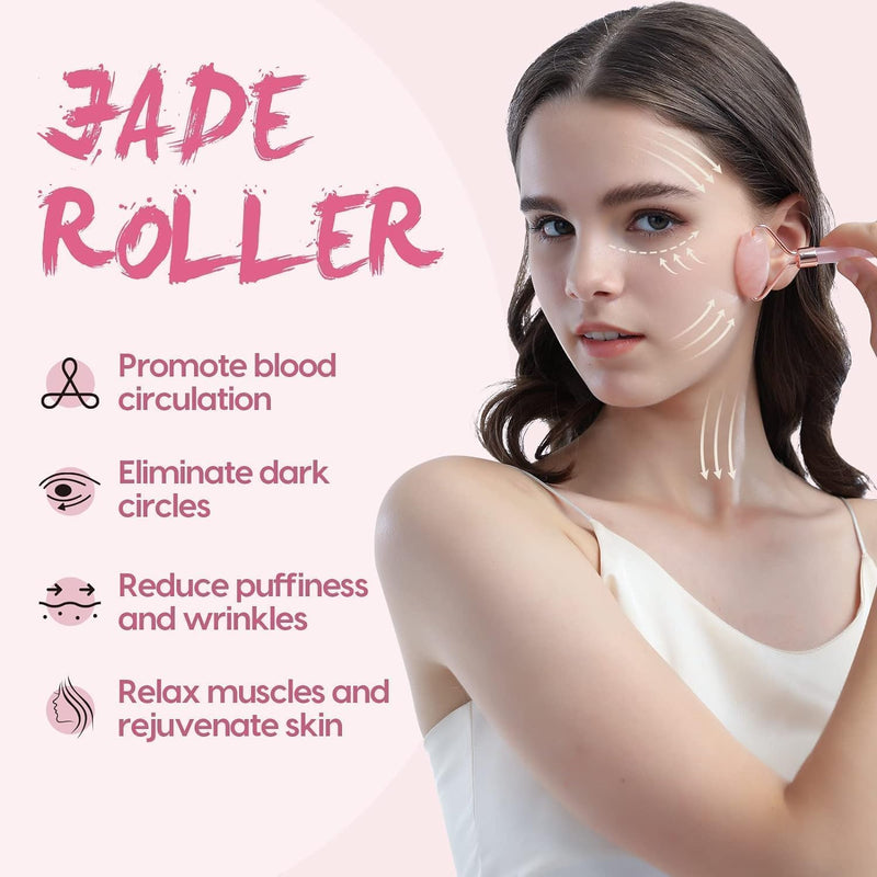[Australia] - Jade Roller and Gua Sha Stone Massage Tool Set, Natural Rose Quartz Jade Face Roller Stone for Skin Care Anti Aging, De-Puffing, Detoxifying, Brightening, and Refreshes Skin Tool 