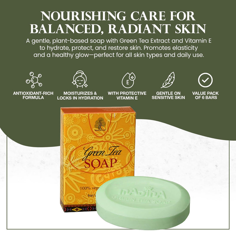 Madina Green Tea & Vitamin E Soap Bar – Antioxidant, Moisturizing, Hydrating, Skin Rejuvenating, Gentle Daily Cleanser, Vegetable-Based, For All Skin Types, 6 Pack (3.5 oz Each)