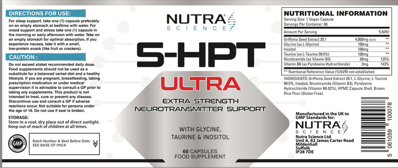 5HPT Ultra 4,000MG - Extra Strength Griffonia Seed Extract Neurotransmitter Support with Nicotinamide, Glycine, Inositol, Vitamin B6, 60 Vegan Capsules