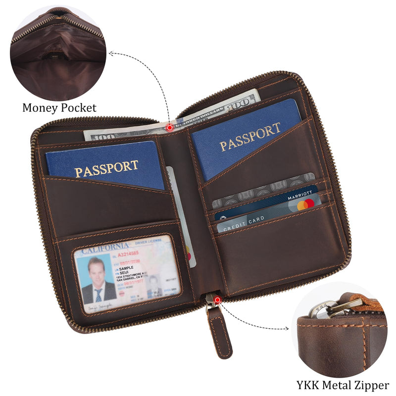 Polare Full Grain Leather Dual Passport Wallet and RFID Blocking Bifold Passport Cover Travel Document Organizer Holder 2 Passports (Dark Brown) Dark Brown