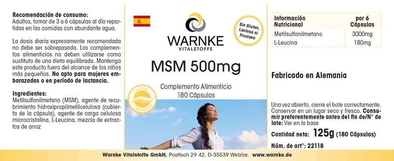 [Australia] - MSM 500mg - 180 capsules - high dose - methylsulfonylmethane | Warnke vital substances - German pharmacy quality 