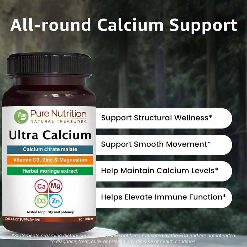 Pure Nutrition Ultra Calcium 1000mg with VIT D3 + K | 270 Tabs (90 X Pack of 3) | Calcium Supplement with Calcium Citrate Malate, VIT D3, K, Moringa Oleifera, Magnesium and Zinc. 90 Count (Pack of 3)