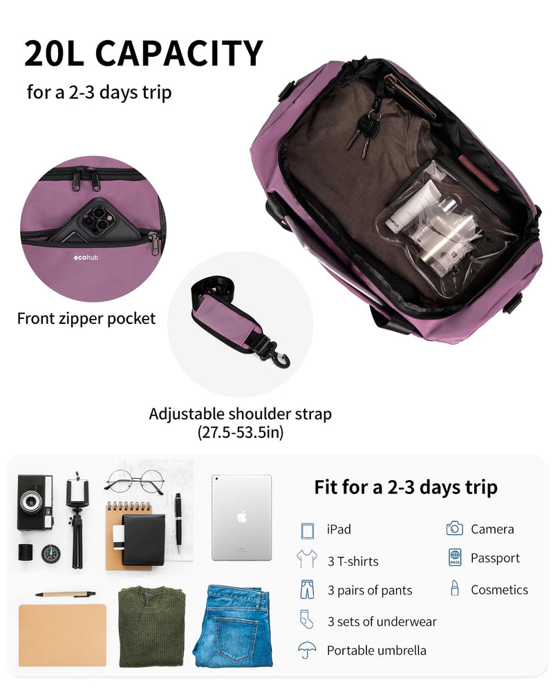 ECOHUB 16'' Personal Item Bag Mini Duffel Bag Small Travel Bag Underseat Carry on Bag for United Airlines Gym Bag for Women and Men Pink with shoulder strap