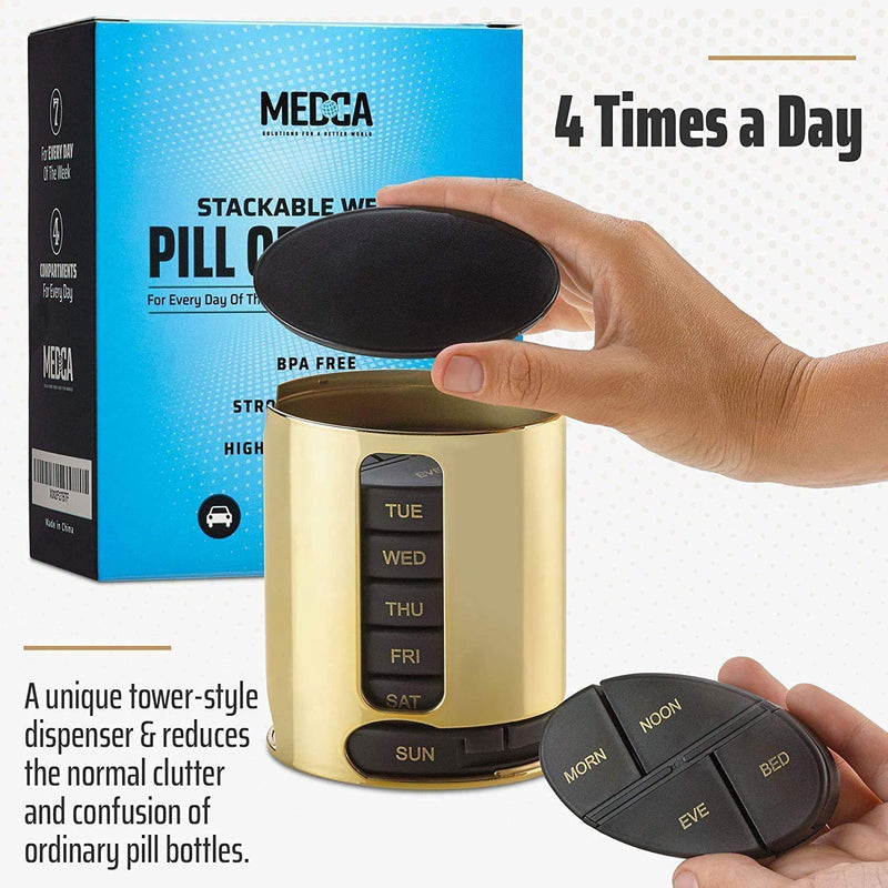 Weekly Pill Organizer - 2Pack - 4 Times-A-Day, Daily Stackable Medication Reminder - Weekly AM/PM Pill Box with 7 Individual Stacking Cases, a Everyday Medicine Organizer for Vitamins, Black & Gold Gold & Black 7 Count (Pack of 2)