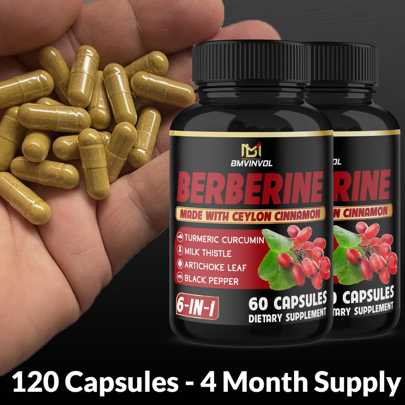 [Australia] - (2 Packs) Berberine Supplement Plus Ceylon Cinnamon, Turmeric - 120 Capsules - Supports Immune Function - Berberine HCl Supplement Pills - 4 Months Supply 60 Count (Pack of 2) 