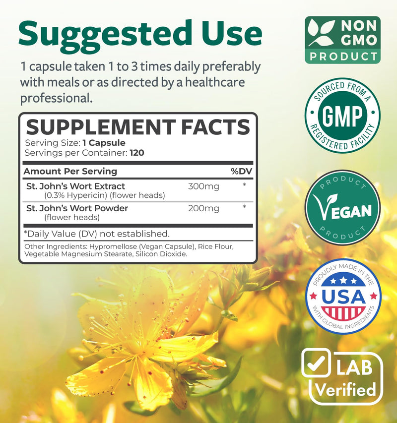 [Australia] - St. John's Wort - 120 Capsules (Non-GMO) Effective St Johns Wort Capsules - Powerful 900mcg Hypericin - Standardized Extract & Whole Herb Supplement - No Oil, Pills, Tea, Tincture - 500mg Per Capsule 120 Count (Pack of 1) 