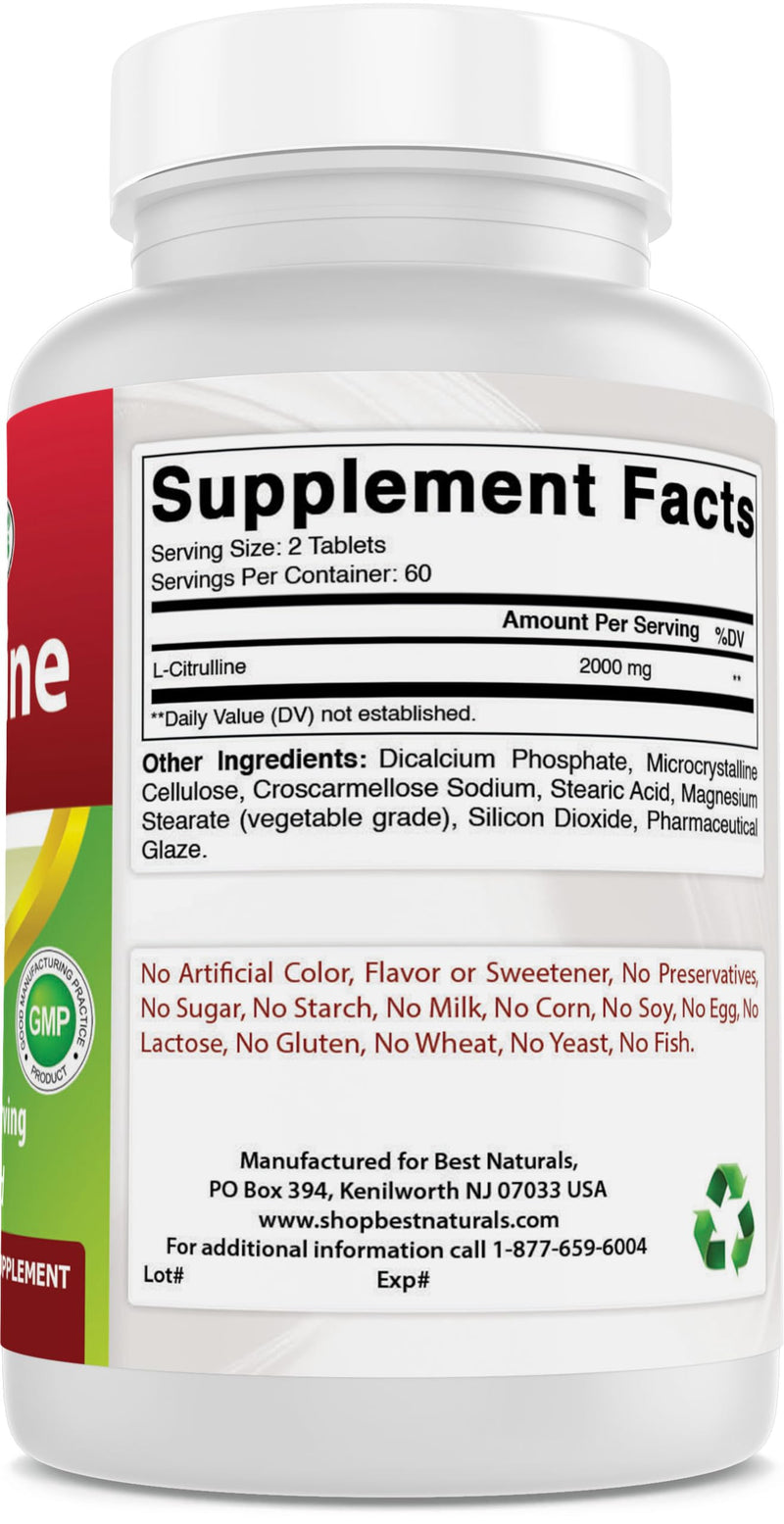Best Naturals L-Citrulline 2000mg/Serving - Non-GMO - Gluten Free - 120 Tablets (120 Count (Pack of 2)) 120 Count (Pack of 2)