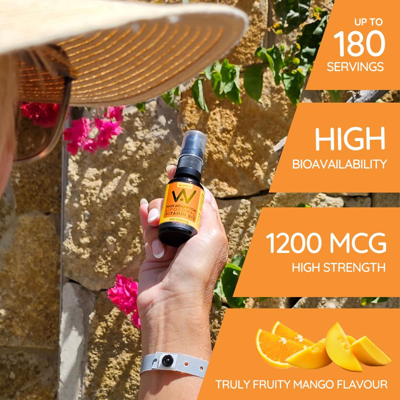 Liposomal Vitamin B12 Oral Spray 1200mcg - High Strength Methylcobalamin Supplement, Fast Absorbing, Methylated Vegan VIT B 12, Energy & Brain Support - Truly Fruity Mango (180 Sprays)