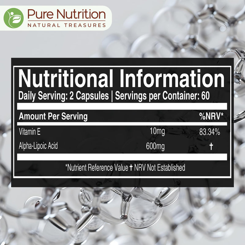 Pure Nutrition Alpha Lipoic Acid 600mg + Vitamin E | 120 Caps | Powerful Antioxidant to Support Nerve & Heart Health*. | Non-GMO