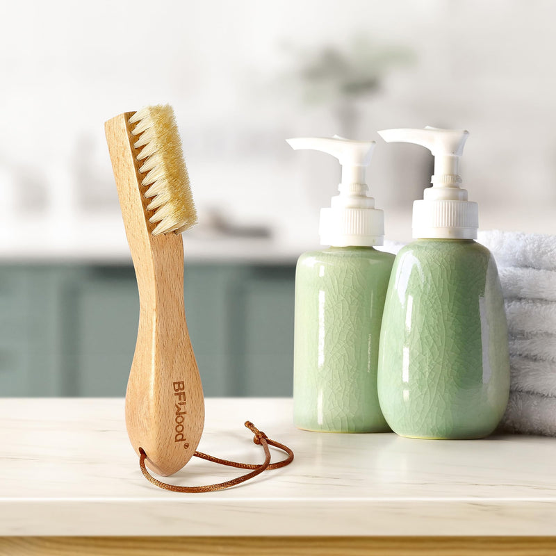 [Australia] - BFWood Laundry Stain Brush, Natural Soft Boar Bristle for Scrubbing Out Tough Stains on Delicate Fabrics, Knits, Cotton, Linens, No Damage Regular 