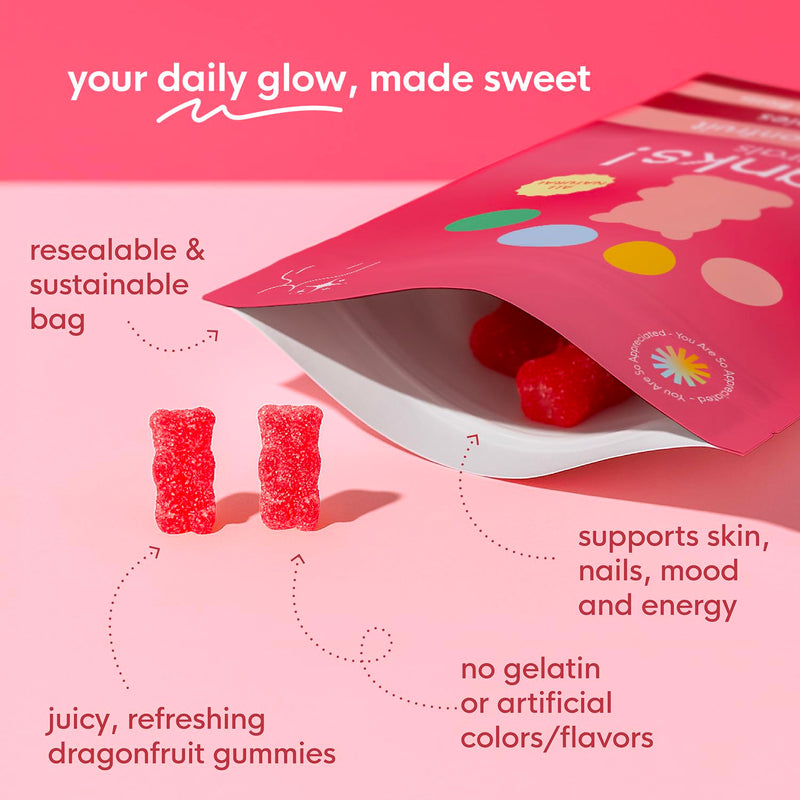 Dewy Dragonfruit Gummies, Plant-Based Beauty Bites with Dragonfruit Extract & Botanical Blend, Refreshing Fruity Flavor for Daily Glow Routine, Gelatin-Free Chews, 20 Count, 1.47 OZ Dewy Dragonfruit