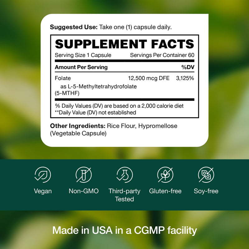 Fresh Nutrition L Methylfolate 7.5mg – Maximum Potency – Superior Bioavailability – 5-MTHF Methyl Folate for Mood, Cognition, Immunity, Cardiovascular, Neurological, Reproductive Health - 60 Capsules 7.5mg 60 Capsules