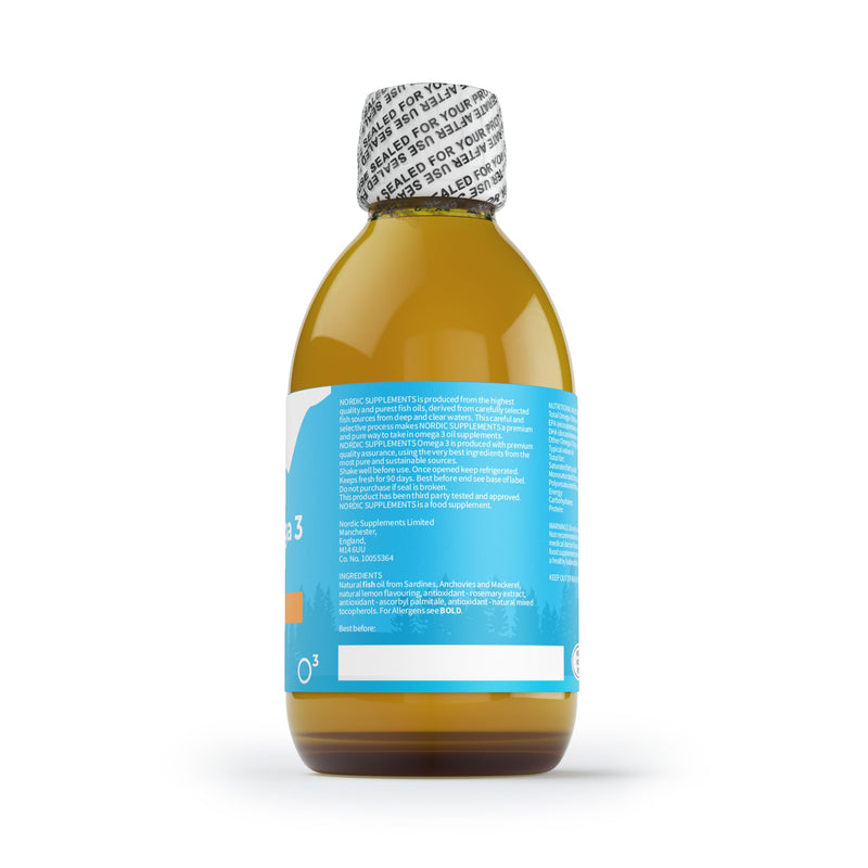 Nordic Supplements High Strength 200ml Omega 3 Fish Oil. Taste Award Winning Lemon Flavoured and Tested.