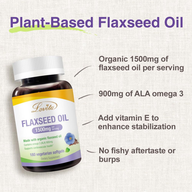 Organic Cold-Pressed Flaxseed Oil : 1500mg with 900mg ALA Omega-3. Vegan. 180 Softgels 180 Count (Pack of 1) New Packaging