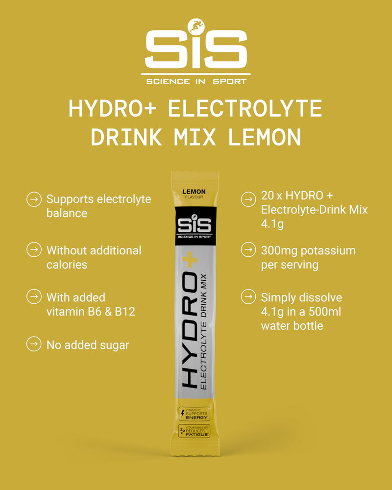 Science in Sport Hydro+ Electrolytes Powder Sachets with 5 Essential Electrolytes and Added Vitamins C, B6, and B12 for Hydration Drink | Lemon, Pack of 20 Sachets