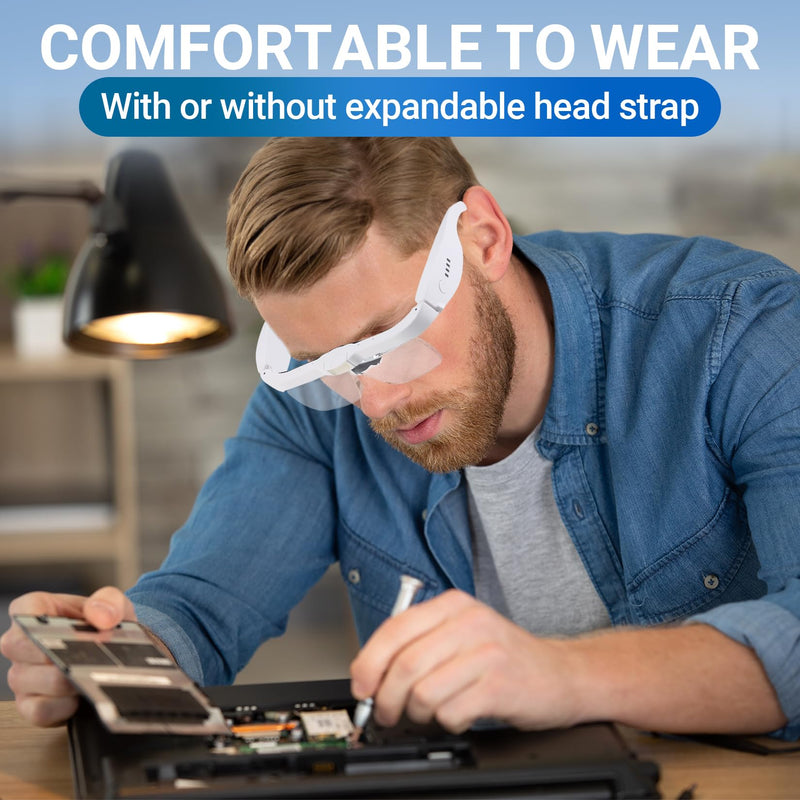 [Australia] - YOCTOSUN Head Magnifier Glasses with 3 LED Lights and Detachable Lenses 0.75X, 1.25X,2.0X, 3.0X and 4.0X, USB Charging Eyeglasses Magnifier, Magnifying Glasses with Light for Close Work Hobby Crafts White USB Rechargeable 