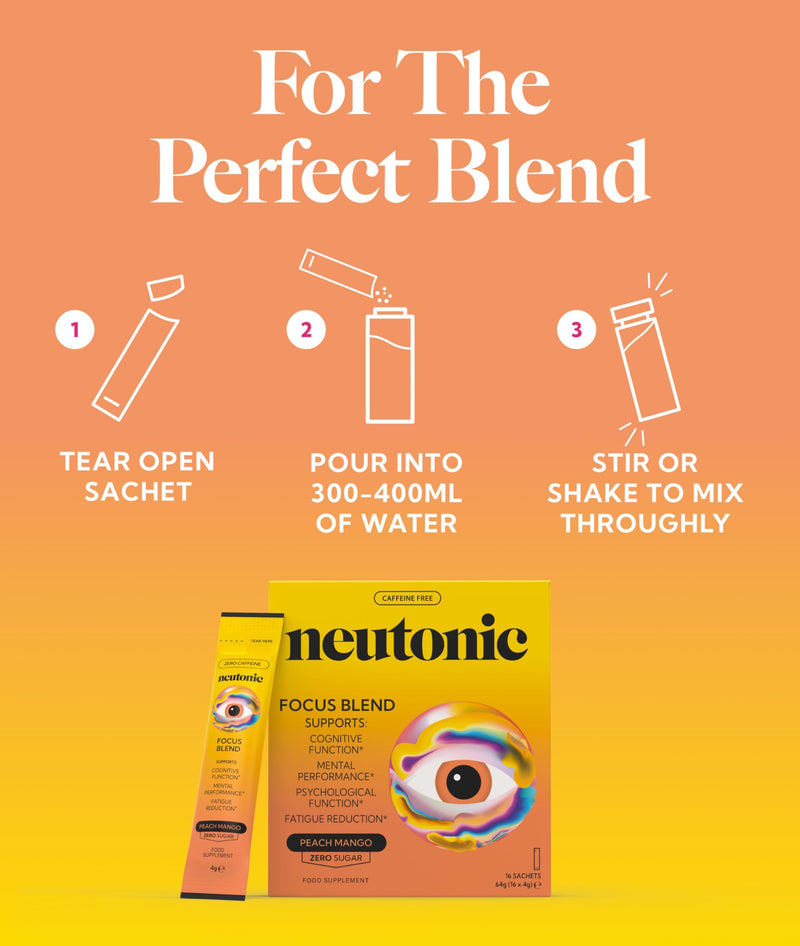 Neutonic Nootropic Focus Blend Powder | Peach Mango 16 Sticks | Caffeine Free, Zero Sugar | Support Energy, Mental Performance, Cognitive Function | Support Focus, Fatigue Reduction, Brain Health Box of 16