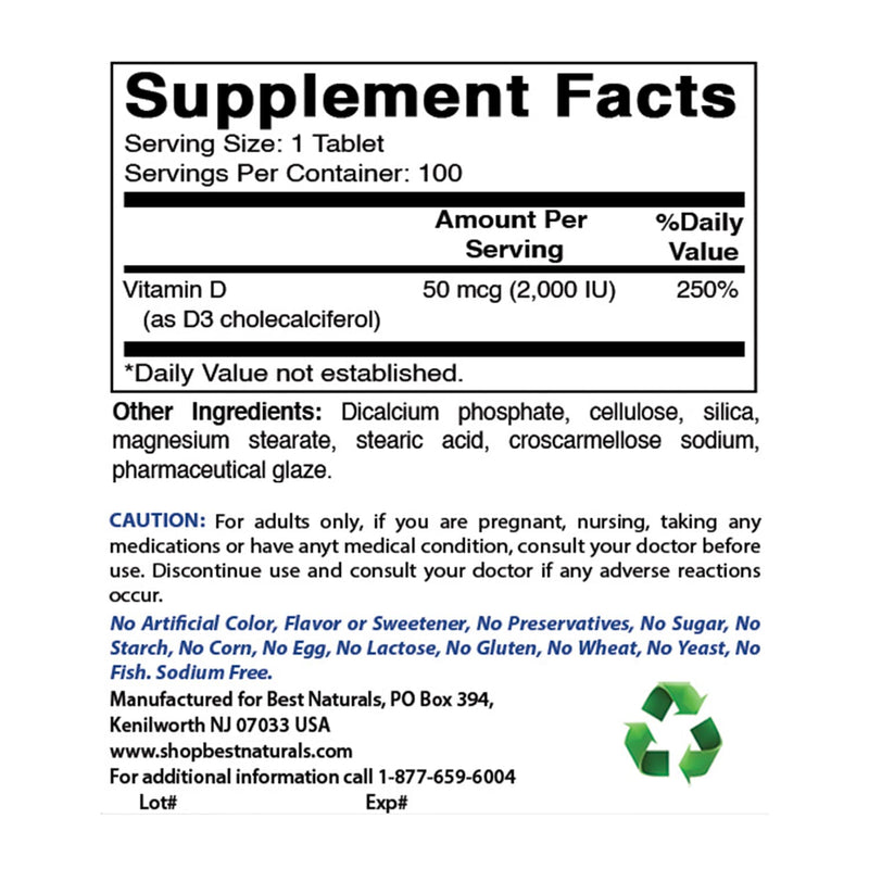 Best Naturals Vitamin D3 2000 IU (50 mcg) - 100 Tablets - 100 Days Supply - Helps Support Immune Health, Strong Bones and Teeth, & Muscle Function (100 Count (Pack of 2))