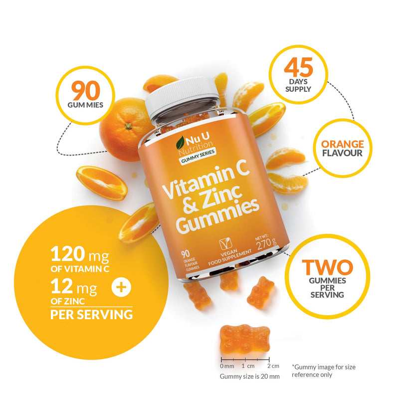 Nu U Nutrition - Vitamin C and Zinc Gummies - 90 Vegan Gummies - 120mg Vitamin C & 12mg Zinc per Serving - Natural Orange Flavour - Made in the UK