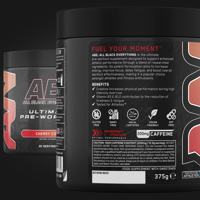 Applied Nutrition Bundle ABE Pre Workout 375g + JUG 2.5 LT Matt Black | All Black Everything Pre Workout Powder, Energy & Physical Performance with Creatine, Beta Alanine (Cherry Cola) Cherry Cola