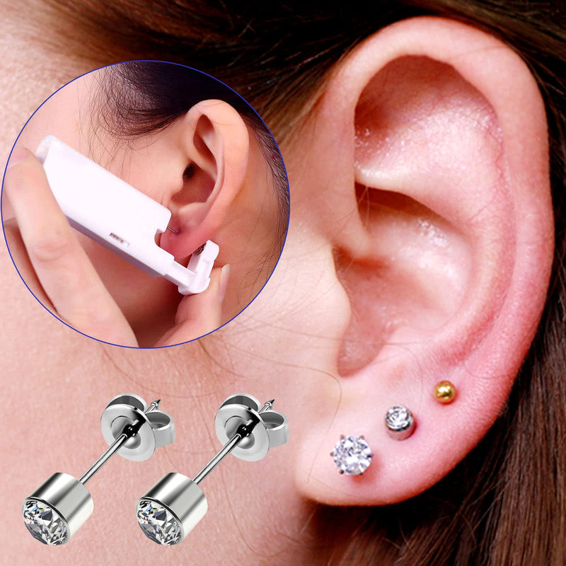 [Australia] - 2Pcs Ear Piercing Kit Automatic and Painless Ear Nail Gun Disposable Aseptic Household Ear Piercing Gun Portable Ear Piercing Gun Group Ear Piercing Tools With Built-in 4mm Hypoallergenic Ear Studs Silver 