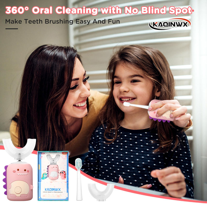 Kids U Shaped Electric Toothbrush for Age 2-12, Rechargeable Toddler Toothbrush with Smart Timer & 3 Clean Modes, Dinosaur Design, IPX7 Waterproof, 3 Brush Heads & 360°Cleaning Dinosaur-pink